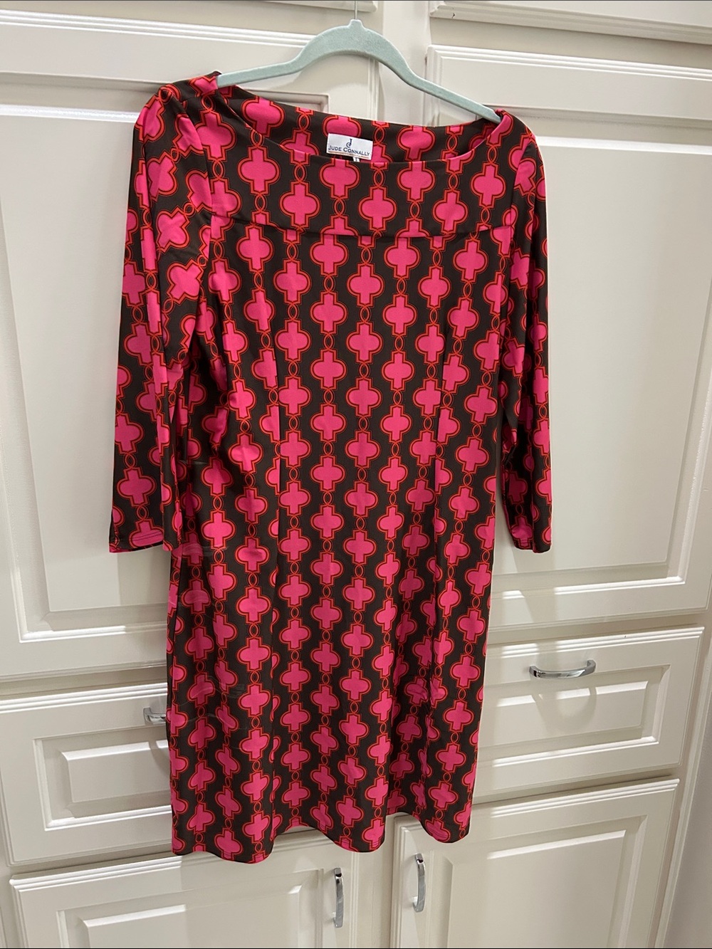 Jude Connally Pink and Brown Geometric Shift Dress boat neck large